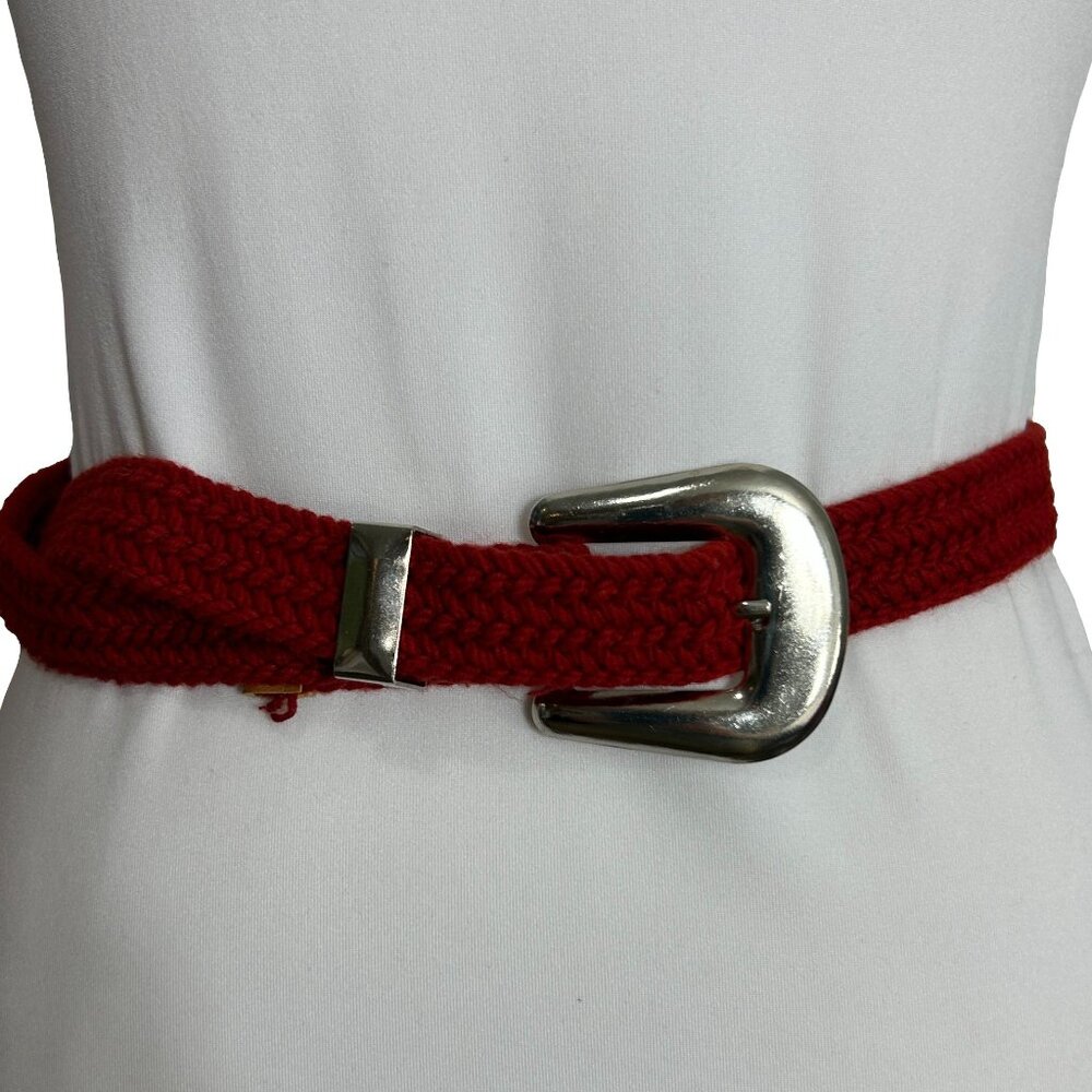 Vintage Braided Red Canvas Womens Belt Small Medium Silver Tone Buckle